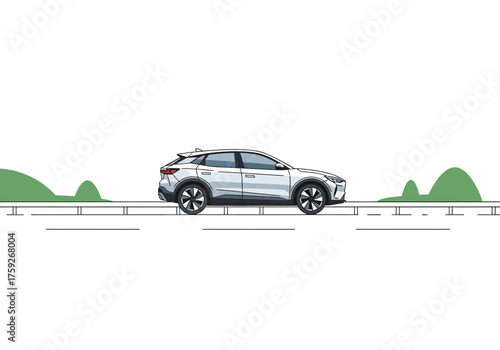 White car drives on a gray road with green hills against a white background