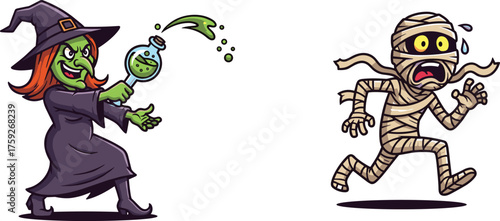 cartoon witch throwing potion, cartoon mummy running scared, halloween monster illustration, spooky cartoon art, funny halloween clipart, playful scary design