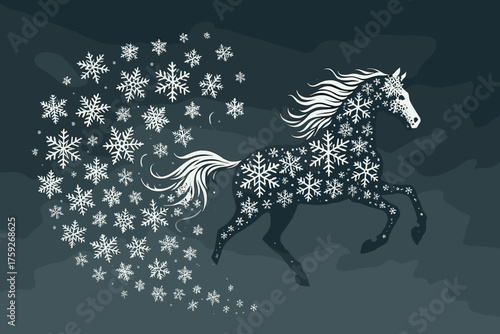 Majestic horse galloping through a flurry of snowflakes against a dark background