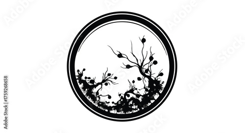 Whimsical silhouette of a magical forest scene within a circular frame