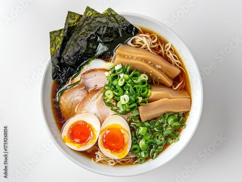 A bowl of Japanese ramen topped with a soft-boiled egg, sliced beef.
