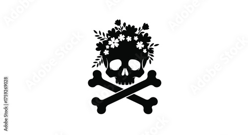 Skull and crossbones adorned with a floral crown, symbolizing life and death duality.