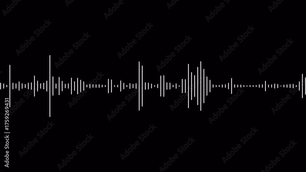 Sound line audio wave visualization voice record animation on black background. Sound wave or frequency digital movement. Classic graphic sound equalizer. Sound waves meter- audio waveform spectrum.