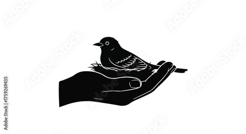 Gentle hand cradles a small bird in its nest, symbolizing care and protection.