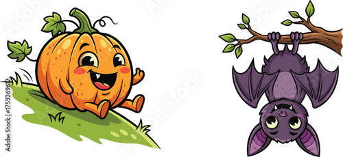 Cute cartoon pumpkin character with smiling face and playful bat hanging upside down, fun Halloween illustration for kids seasonal design