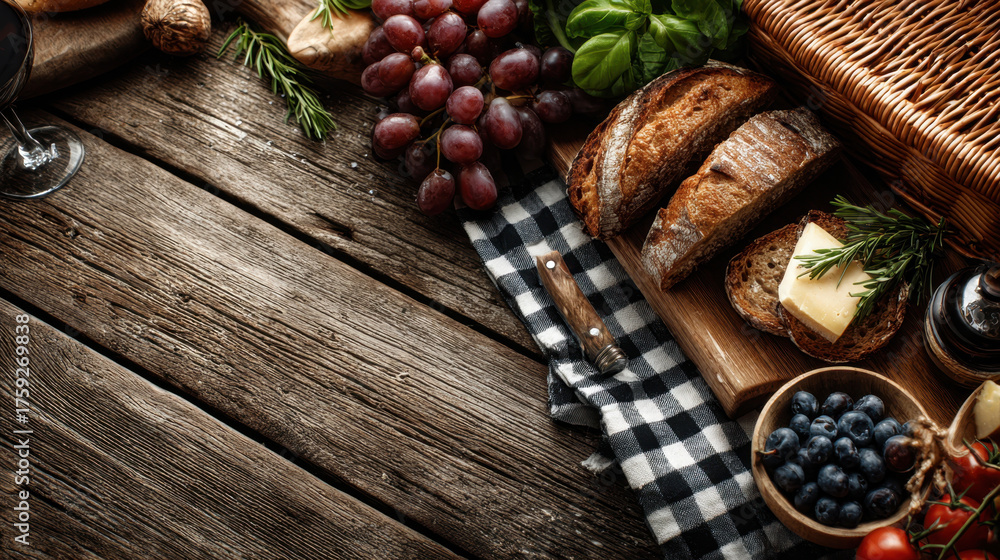 Fototapeta premium Rustic picnic setup with fresh bread, cheese, grapes, and blueberries on wooden table. checkered cloth and wicker basket add to cozy atmosphere, perfect for outdoor meal