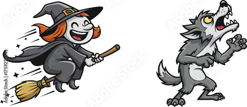 Playful Halloween witch flying on broomstick with sparkles, surprised werewolf character, cartoon spooky night fantasy, whimsical festive illustration