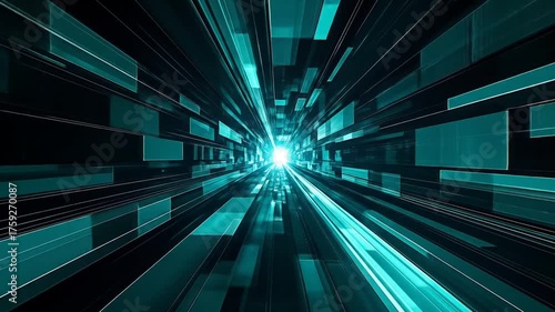 Abstract digital tunnel with glowing light at the end, creating a sense of depth and motion.