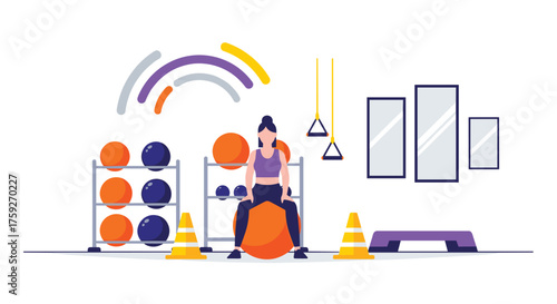 Woman exercising with a fitness ball in a modern gym