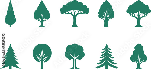 Vector art of collection of ten green tree icons, five on the top row and five on the bottom row, on a