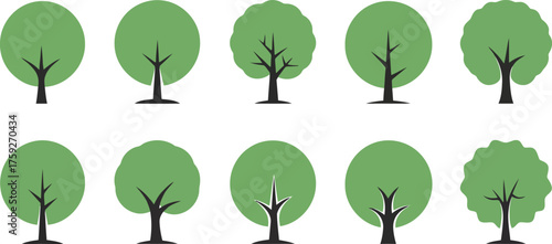 Vector art of set of ten green deciduous tree icons with rounded canopies, five on the top row and five on the bottom row, isolated on a