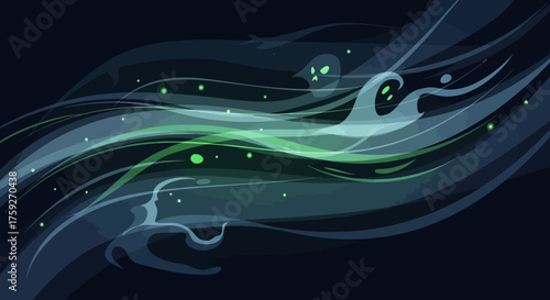 Mysterious ethereal spirits dance through luminous cosmic swirls with glowing green orbs on a dark background