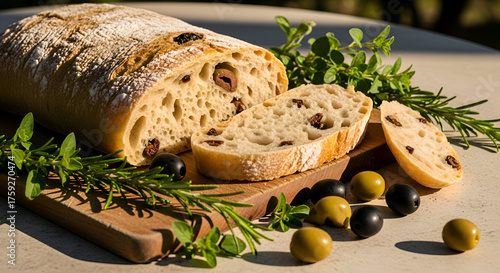 Delicious artisan bread loaf with olives herbs and olives beautifully presented on a wooden board