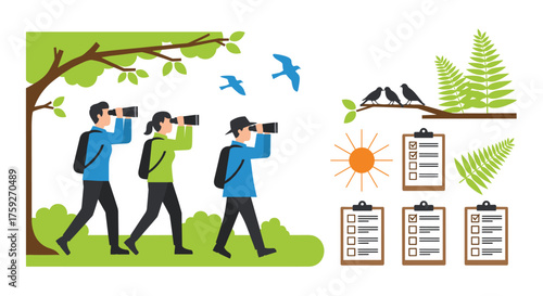 People Observe Birds and Nature With Binoculars During Outdoor Exploration