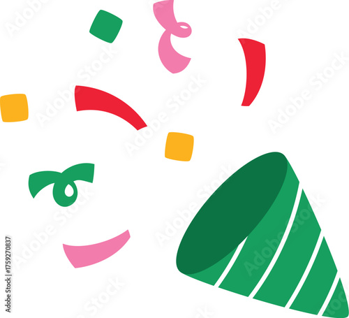 Green Festive Celebration Party Popper with Red, Pink Green and Yellow Confetti, Hand Drawn Confetti Cannon illustration