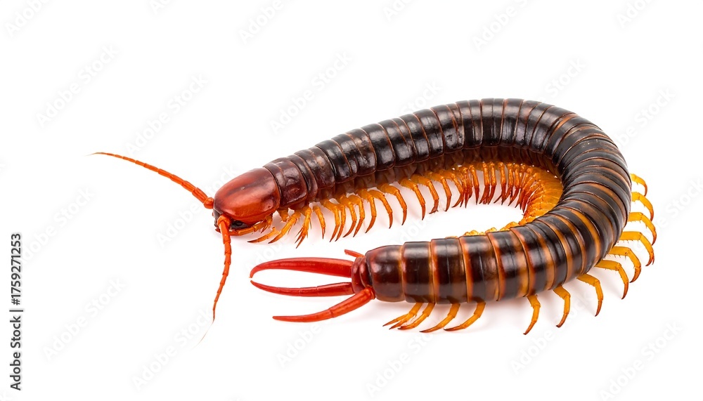 Fototapeta premium A brown and orange insect, centipede, isolated on a white backdrop