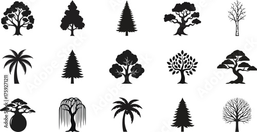 Vector art of assortment of tree icons and silhouettes isolated on white, featuring diverse species like palm, pine, and deciduous trees