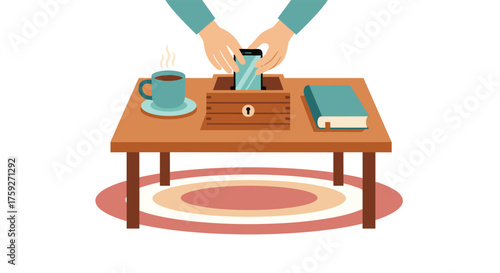 Putting Phone in Wooden Box on Table Beside Coffee and Book