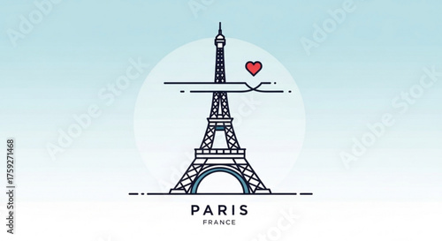 Minimalist illustration of the eiffel tower in paris with a heart, perfect for travel and romance themes