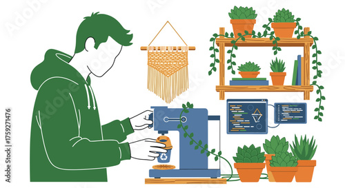Person making coffee on a modern machine surrounded by plants and technology