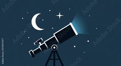 Illustration of a telescope under the moon and stars, perfect for astronomy enthusiasts and stargazers
