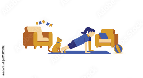 Home Workout Routine with a Pet Dog and Fitness Ball