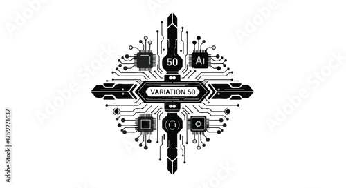 Futuristic AI circuit board with central "Variation 50" emblem, symbolizing technology and innovation