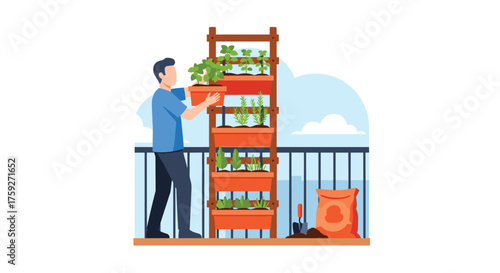 Man tending to a vertical garden on a balcony growing fresh produce outdoors