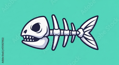 Cartoon fish bone skeleton, a humorous and symbolic representation of death, decay, or the remains of a meal, set against a teal backdrop