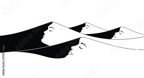 Abstract illusion of multiple faces merging into flowing waves, symbolizing unity and connection.