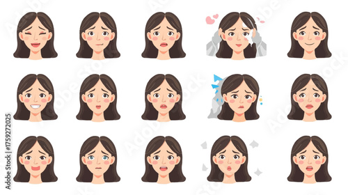 Illustrations of a woman's face showing different emotions.