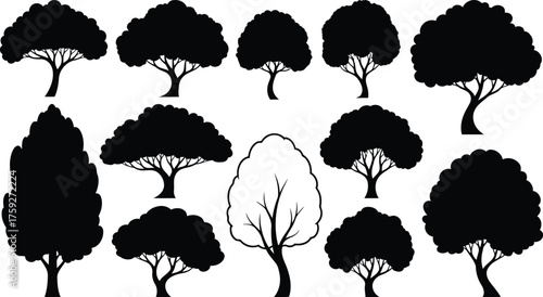 Vector art of collection of various tree silhouettes