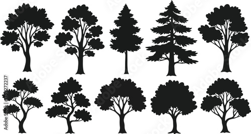Vector art of assortment of tree silhouettes