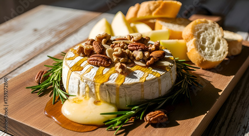 Delicious baked brie cheese served with bread apples rosemary and nuts on wooden board