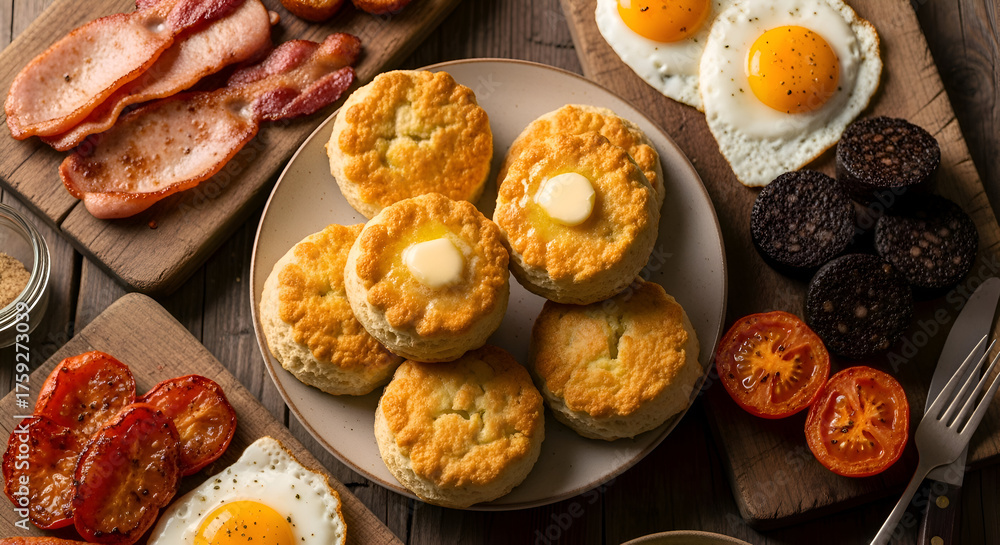 Fototapeta premium Delicious breakfast spread with eggs bacon tomatoes biscuits and blood sausage on a wooden table