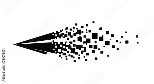 Digital transformation concept: paper airplane dissolving into pixels and squares, symbolizing data flow and progress.