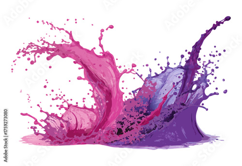 Pink and purple paint splashes merging on white background with scattered droplets forming dynamic wave suitable for modern design templates abstract projects or creative backgrounds