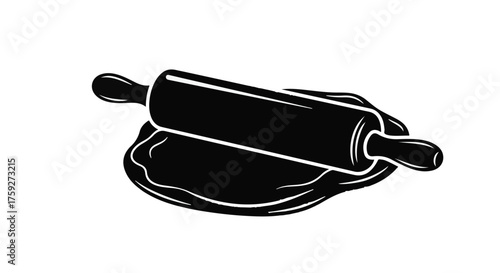 Rolling pin flattening dough, preparing for baking a delicious treat.