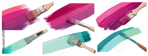 Pink purple and turquoise paintbrush strokes set arranged on white background forming textured collection suitable for abstract templates creative design projects or decorative visual compositions