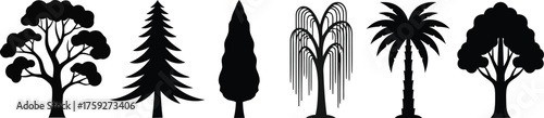Vector art of collection of six different tree silhouettes