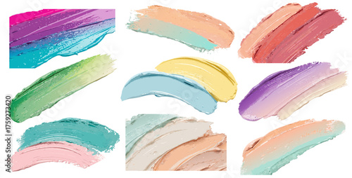 Paint strokes in multiple bright colors isolated on white background forming textured collection suitable for decorative projects modern templates or abstract creative design compositions