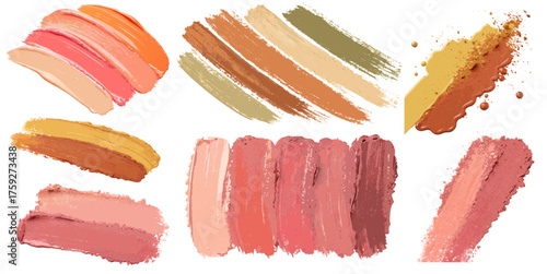 Paint strokes and splashes in varied colors arranged on white background forming abstract collection suitable for decorative projects templates or creative design requiring dynamic elements
