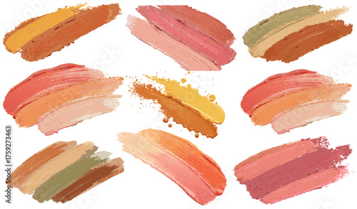 Orange pink and brown paint strokes arranged dynamically on white background forming textured abstract collection suitable for decorative projects templates or creative design use