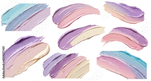 Pastel paint strokes with creamy texture arranged on white background forming abstract collection suitable for decorative projects modern templates or creative design compositions