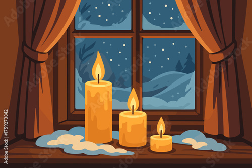 Warm candles glowing on a windowsill with a snowy winter landscape outside 