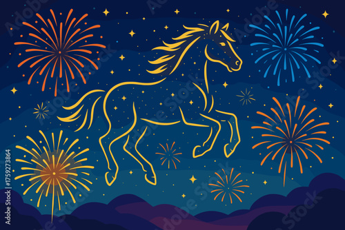 Majestic horse silhouette illuminated by fireworks in a starry night sky