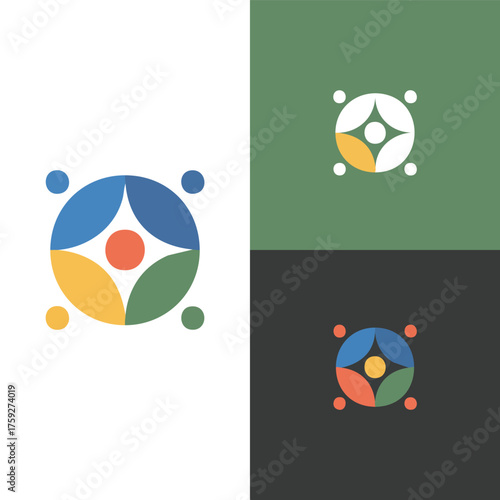 Abstract Circular Geometric Symbol with Interconnected Petals and Surrounding Dots Representing Community, Collaboration, and Holistic Growth