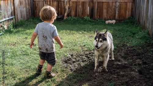 Young child with muddy clothes stands in grassy backyard, facing muddy dog. wooden fence surrounds area, creating playful and adventurous atmosphere