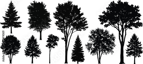 Vector art of collection of various deciduous and coniferous tree silhouettes