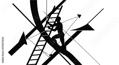 Silhouette of a determined person climbing a ladder through abstract shapes, symbolizing ambition and overcoming challenges.